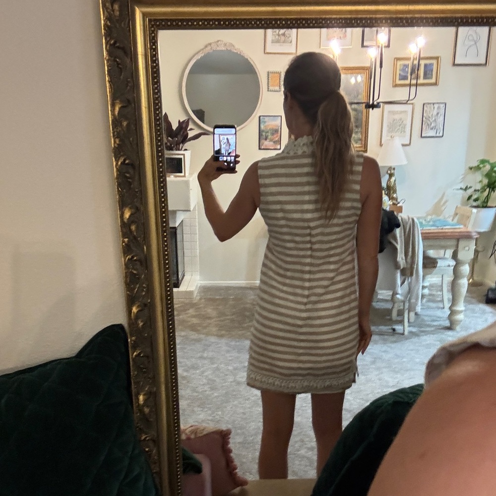 Eliza J Cream and White Striped Crochet-Trim Mini Dress - Picture 4 of 8